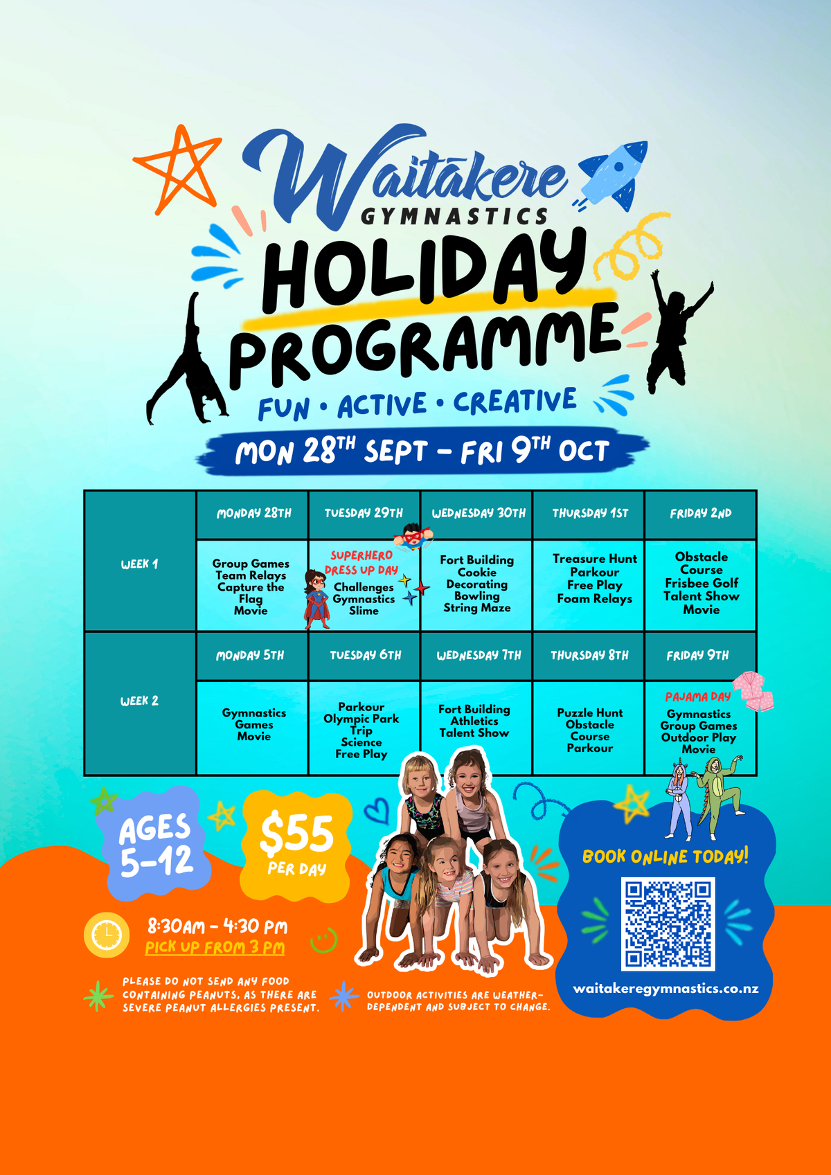A promotional flyer for Waitakere Gymnastics Holiday Programme, featuring a colorful gradient background with text and a schedule table for gymnastics classes.