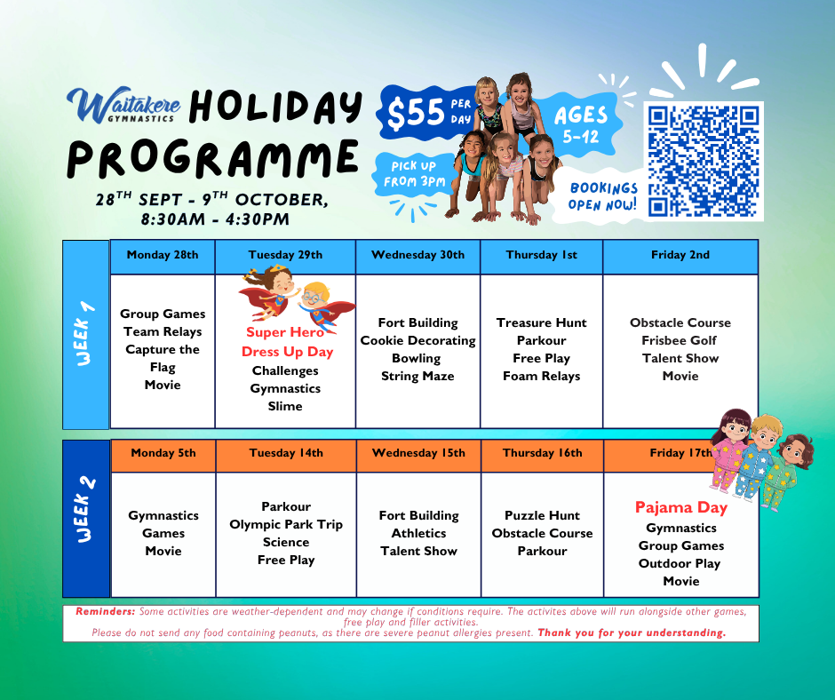 A promotional flyer for a 'Waitakere Gymnastics school Holiday Programme' featuring a weekly schedule from Monday 28th september to Friday 17th October. The flyer has a teal-to-light-blue gradient background, colorful 